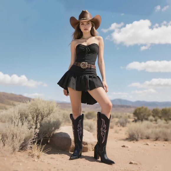 Women's Black Pu Rhinestones Embroidered Pointed Toe Chunky Heel Knee High Boots - Picture 3 of 7